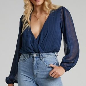 Blue striped showpo bodysuit